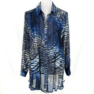 Linea Domani Top Petite 6P Blue White Black Print Sheer Blouse Pleats Buttons